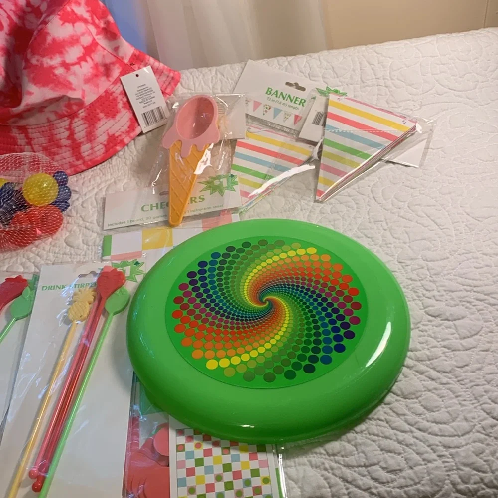 Summertime Party~Shower 27 Piece NEW Banners Hat Games ice cubes Frisbee & more